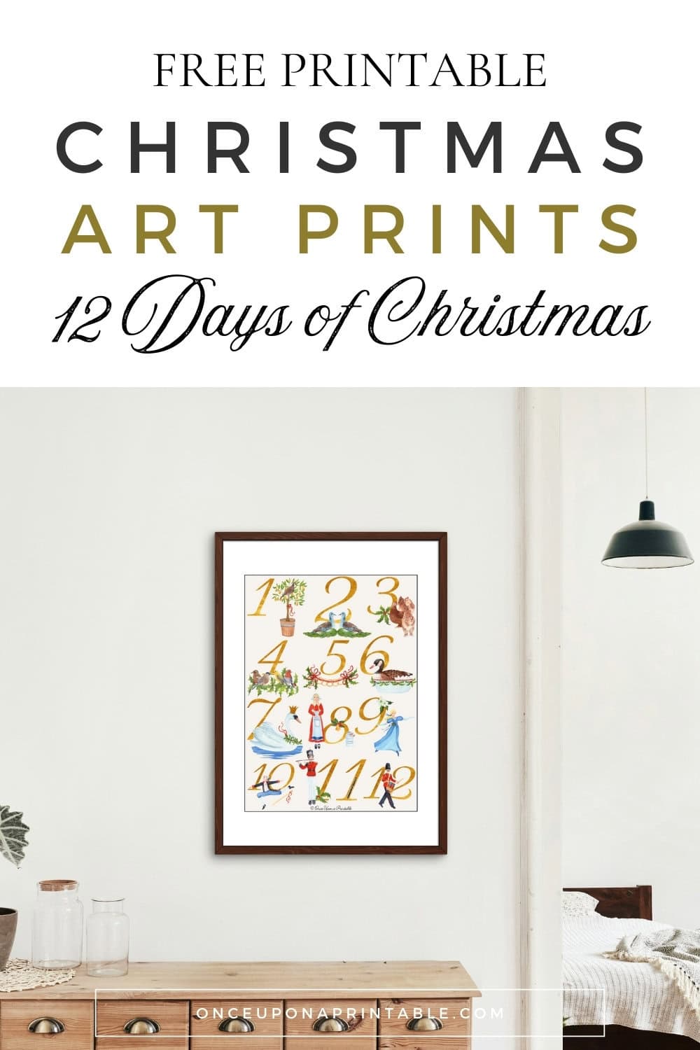 Classic watercolor framed wall art on a wooden dresser.