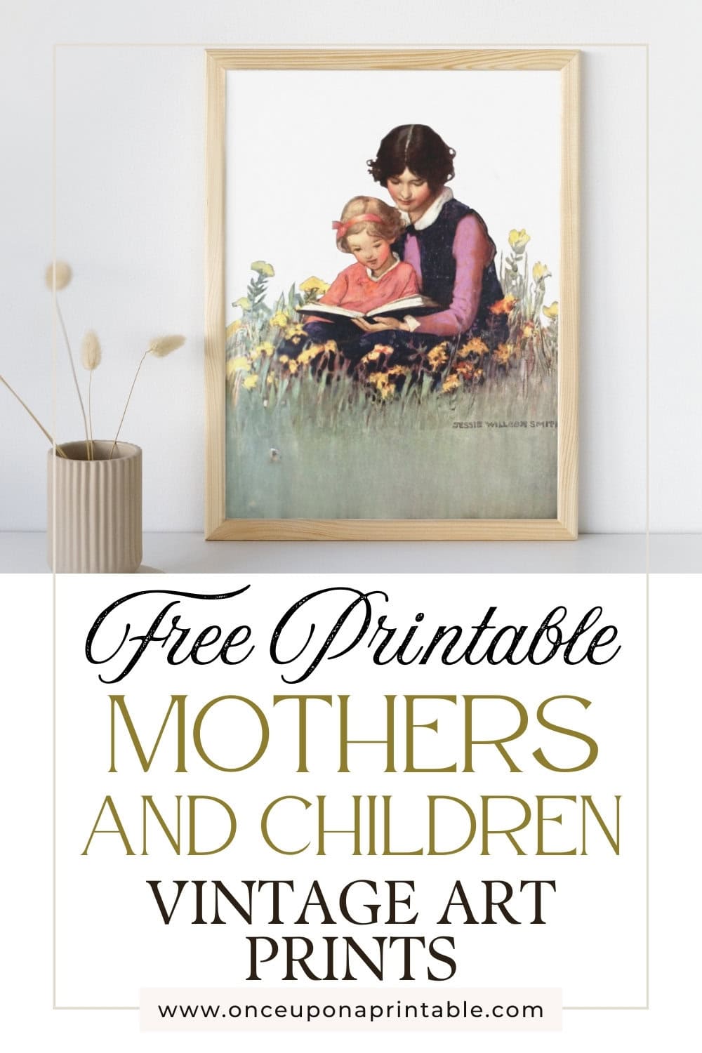 Vintage art print of a mother and daughter reading in a flower field, framed and displayed next to a vase with dried flowers in it.