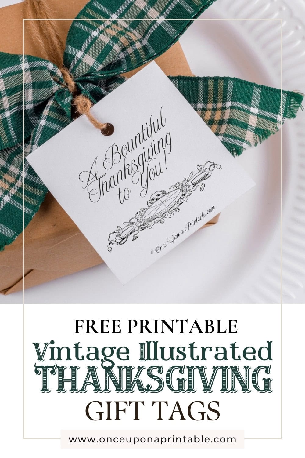 Thanksgiving pumpkin illustrated party favor tags on a brown paper package gift sitting on a white plate.