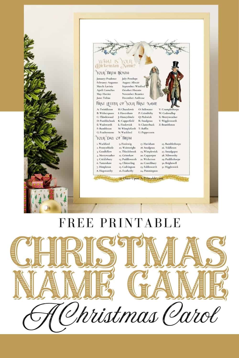 A printable name game inspired by Charles Dickens' "A Christmas Carol" with watercolor graphics of scrooge and the ghost of christmas past. Framed and displayed near a Christmas tree.