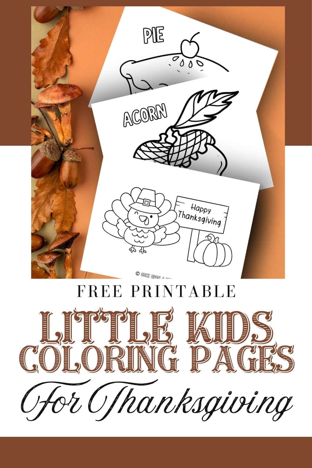 A pumpkin pie, acorns, and a turkey with a pumpkin coloring pages laying on an orange background with fall leaves and acorns.