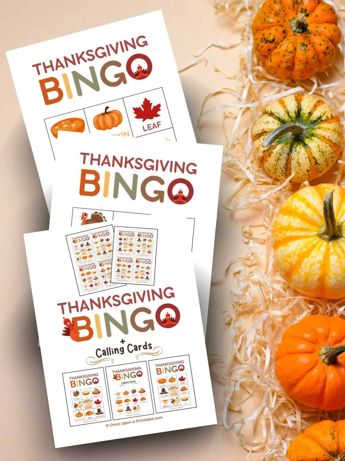 Thanksgiving Bingo cards laying on a peach background with hay and pumpkins.
