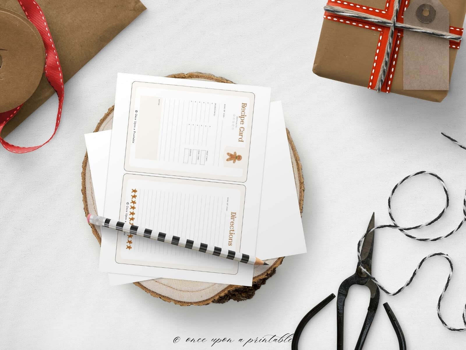 Mini gingerbread recipe cards, a half page, with whimsical colorful watercolor graphics.