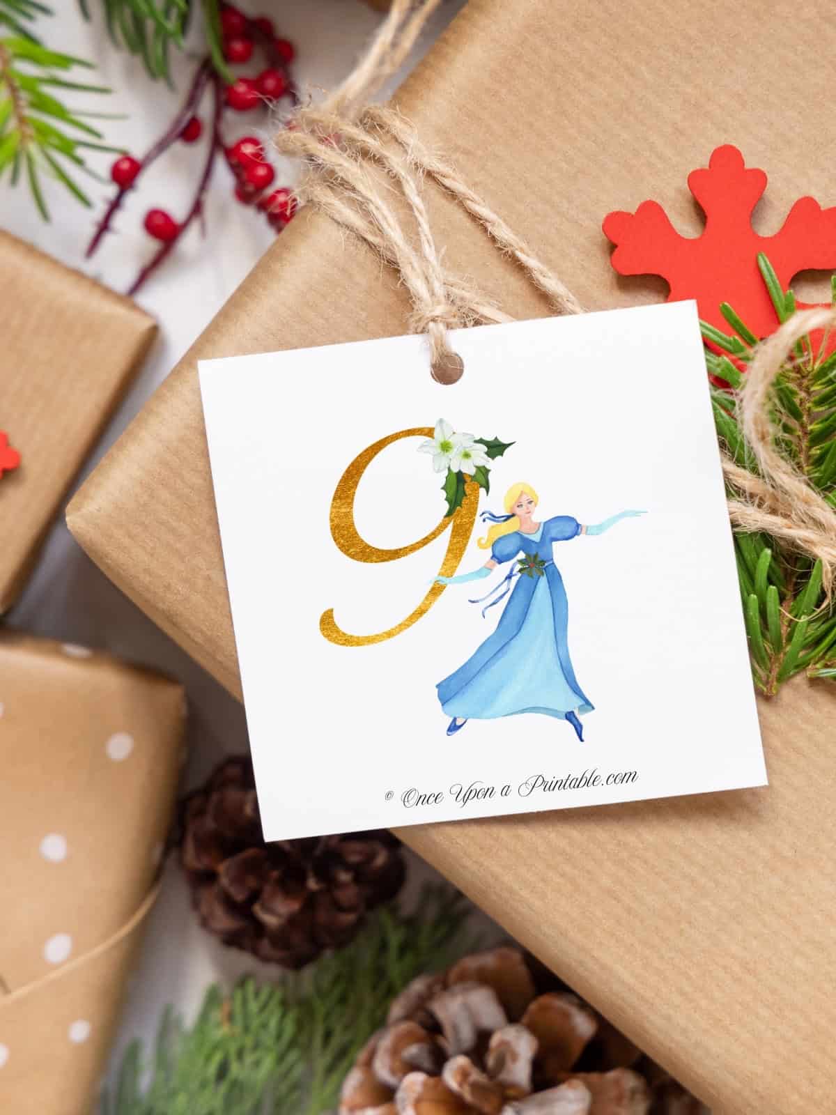 Nine ladies dancing, watercolor gift tag on a present.