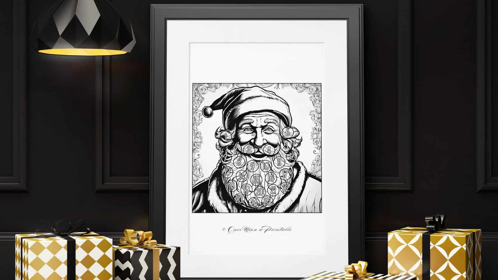 Old fashioned santa claus black and white christmas countdown framed and displayed up against a black wall and gold and white wrapped presents.