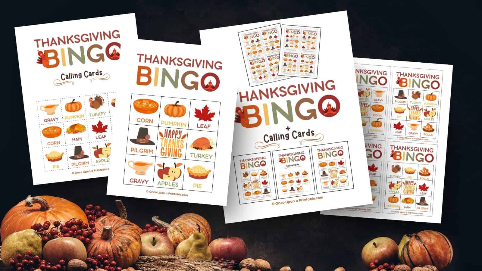 Thanksgiving bingo cards, cover page, and calling cards displayed with bright colors and turkey graphics on a dark background with pumpkins and gourds.