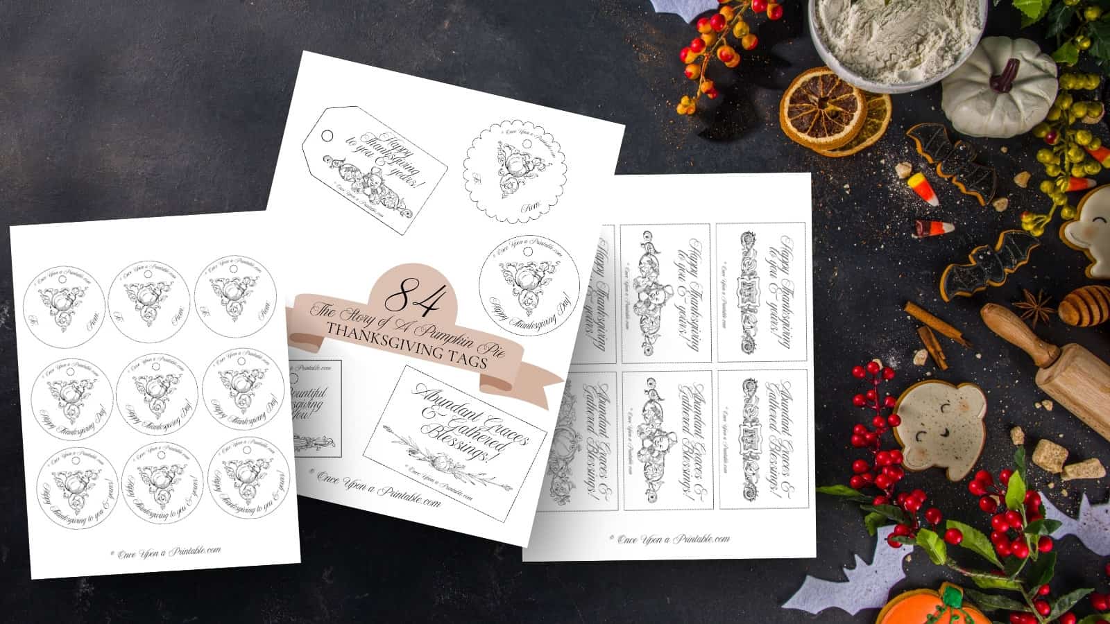 The story of a pumpkin pie printable thanksgiving tags printed out sitting on a dark surface with baking supplies and a wooden rolling pin.