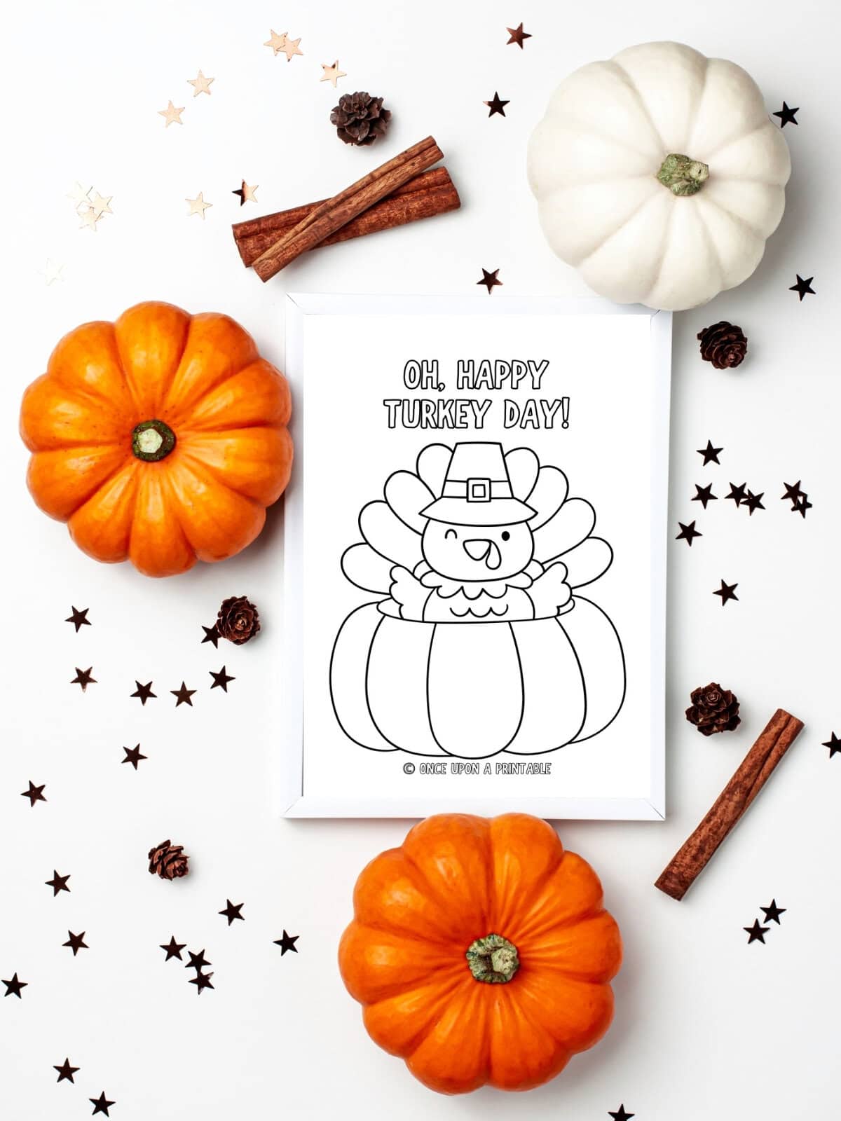 Simple Thanksgiving coloring page in a frame with cinnamon sticks and pumpkins.