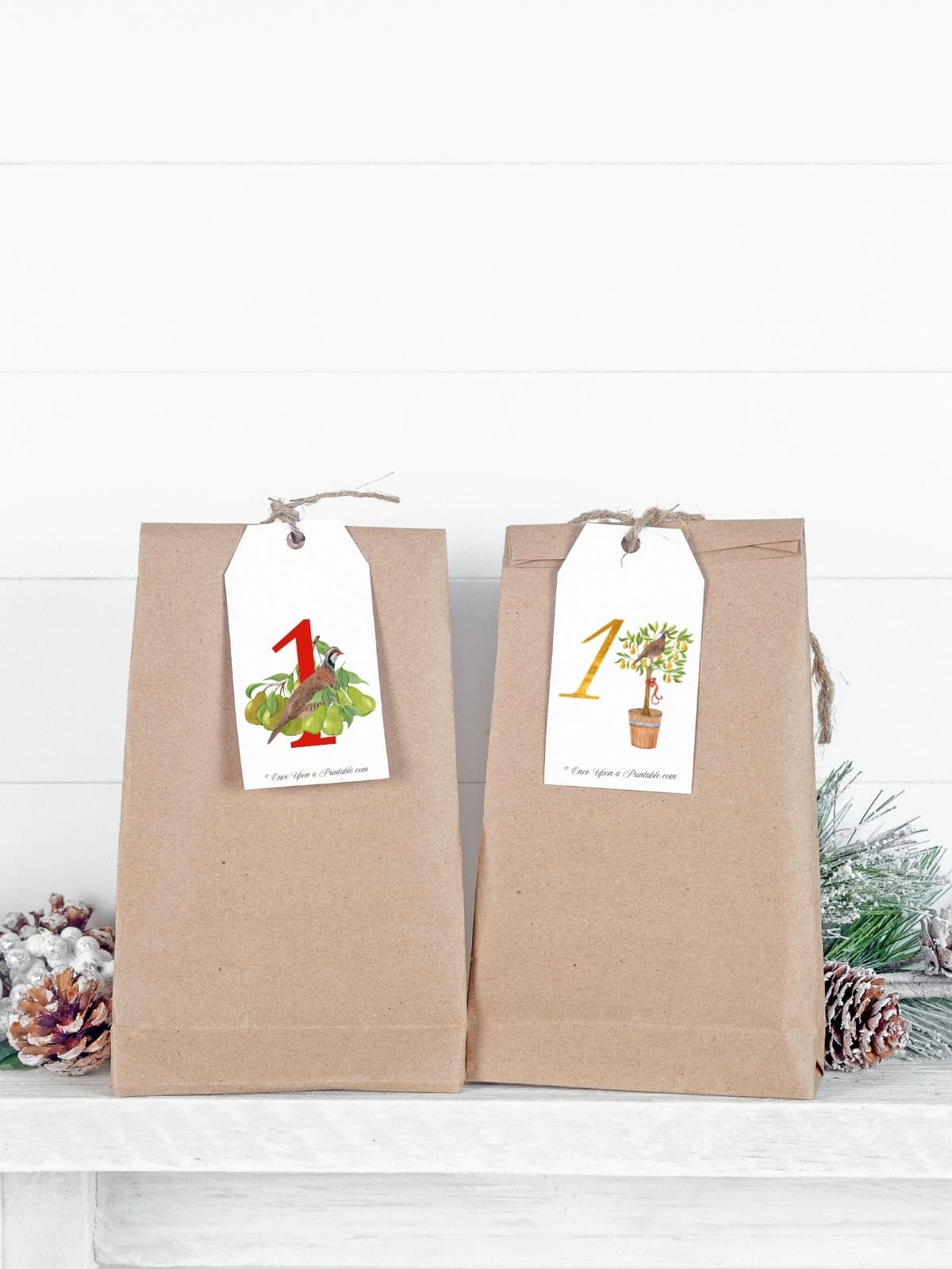 Two different collections of watercolor gift tags for the 12 days of christmas advent celebration.