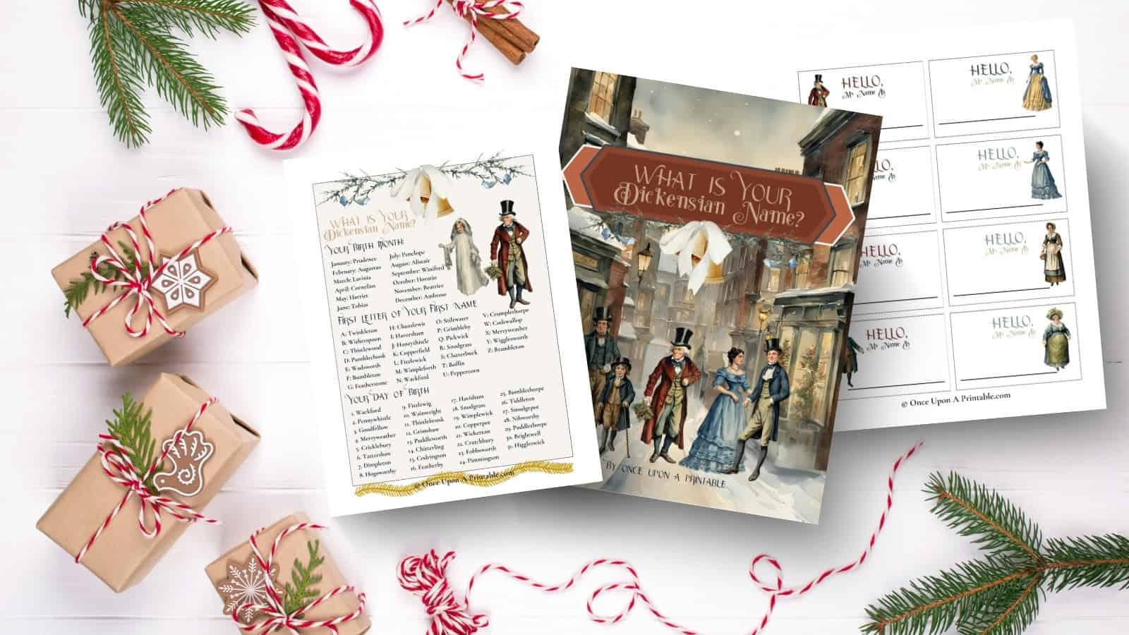 Printable name gave with a Charles Dickens theme printed out with watercolor graphics of the victorian characters from the book" a christmas carol" laying on a white background with small presents.