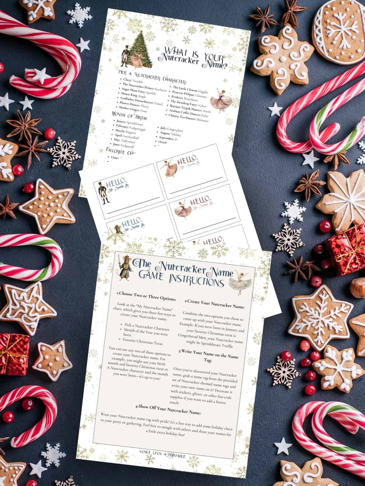What is your Nutcracker name? game printables with watercolor graphics of characters from the book sitting on a blue surface with gingerbread cookies and candy canes.