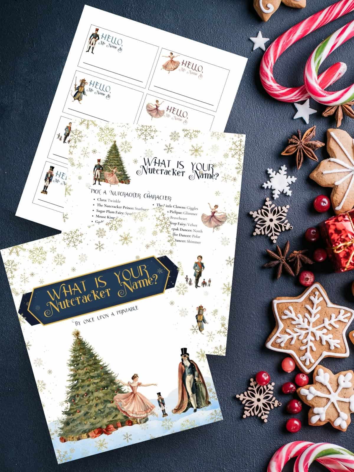 What is your Nutcracker name? game printables with watercolor graphics of characters from the book sitting on a blue surface with gingerbread cookies and candy canes.