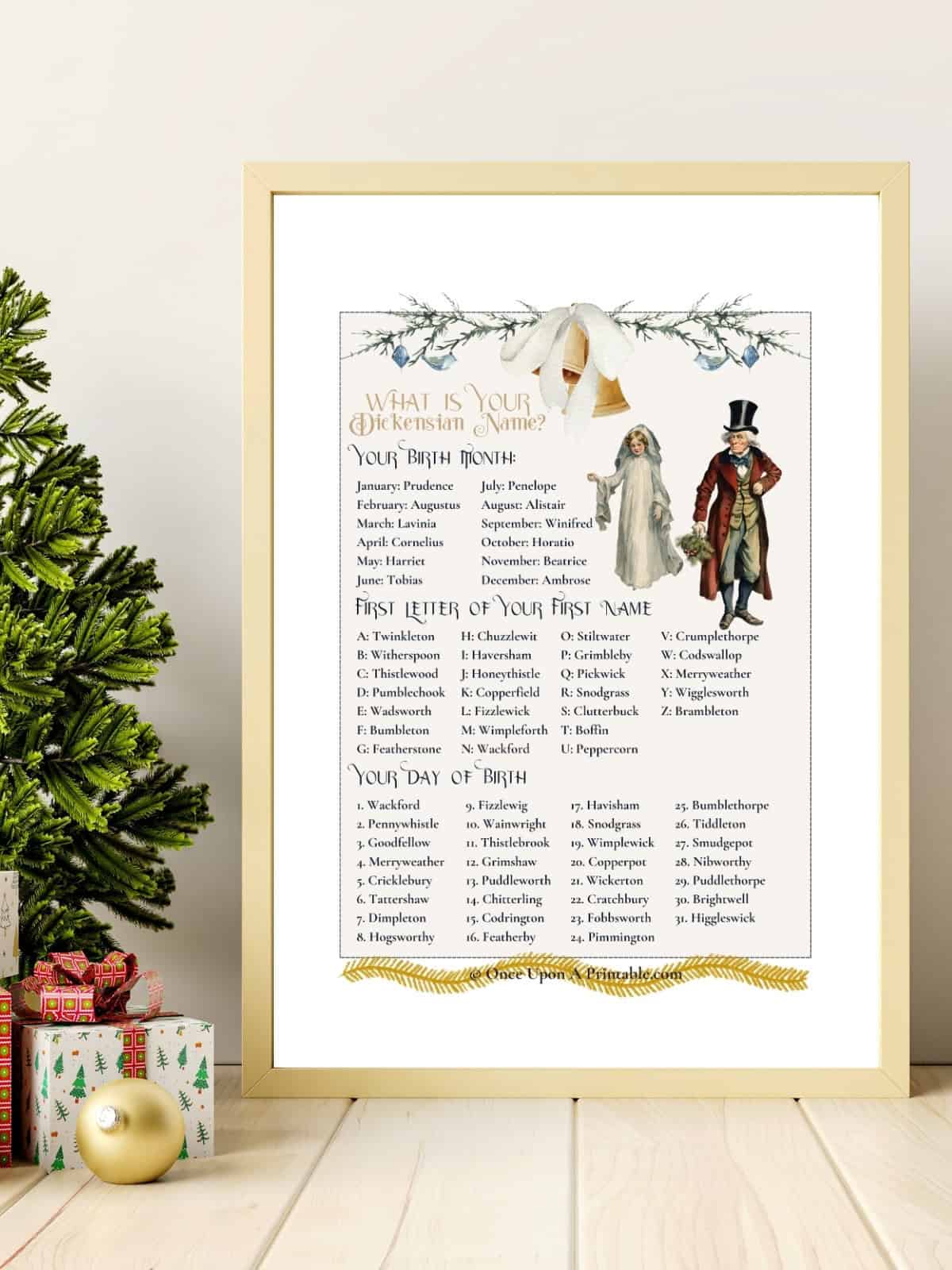 A printable name game inspired by Charles Dickens' "A Christmas Carol" with watercolor graphics of scrooge and the ghost of christmas past. Framed and displayed near a Christmas tree.