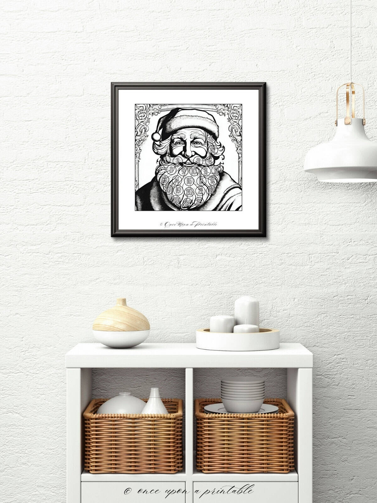 Framed old fashioned santa beard christmas countdown framed and displayed above a shelving unit and hanging lamp.