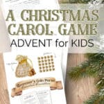 A Christmas Carol advent for kids, Ebenezer's coin purse christmas countdown printables laying on a wooden surface next to Christmas garland.