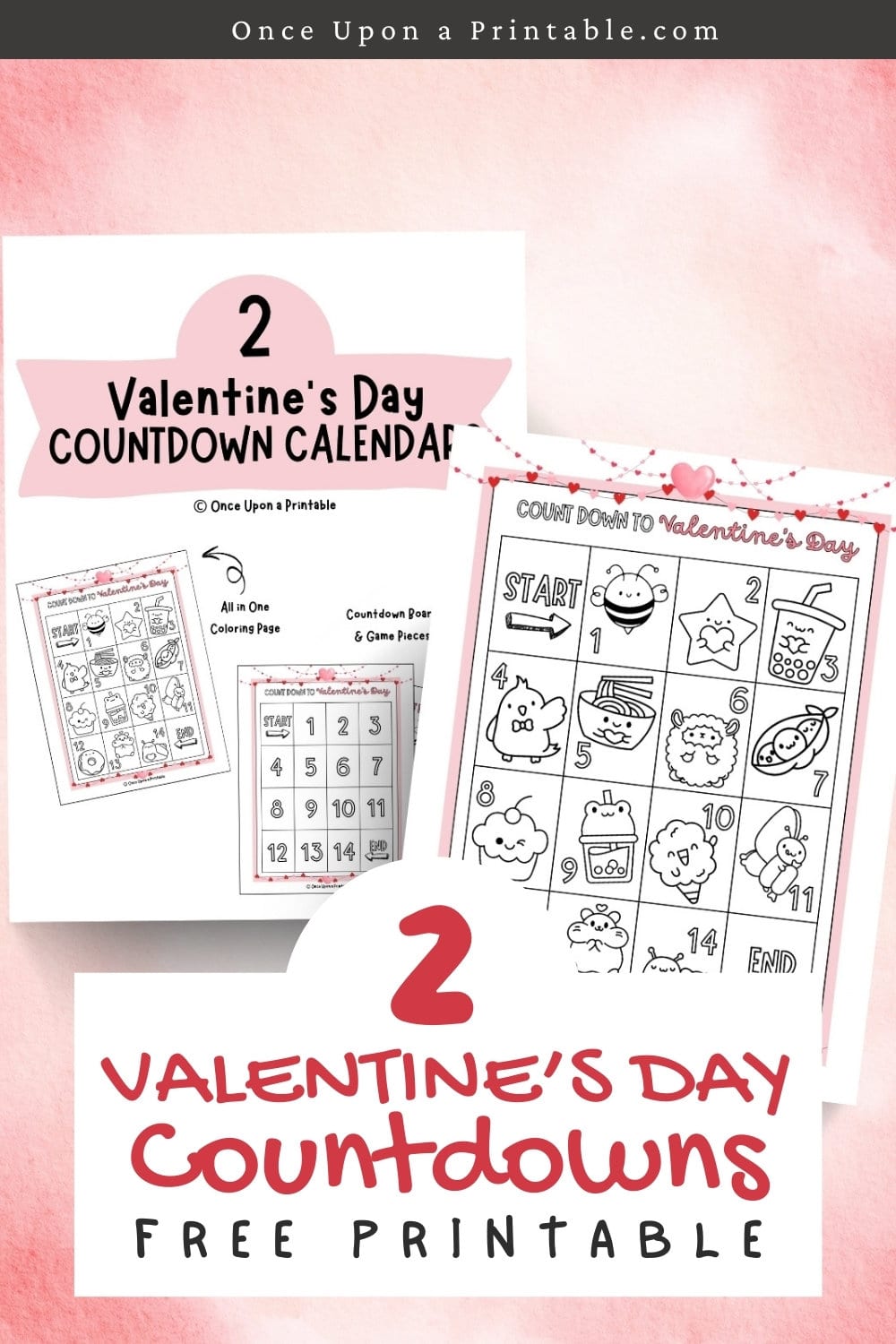 Valentine's Day countdown calendar with cover page on a pink cloudy background.
