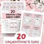 Valentine's Day Bingo cards to color laying on a cluttered candy surface.