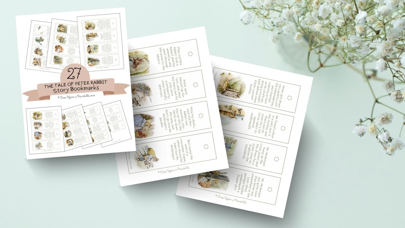 27 unique bookmarks illustrated by Beatrix Potter's original tale of Peter Rabbit illustrations with a corresponding quote from the book.