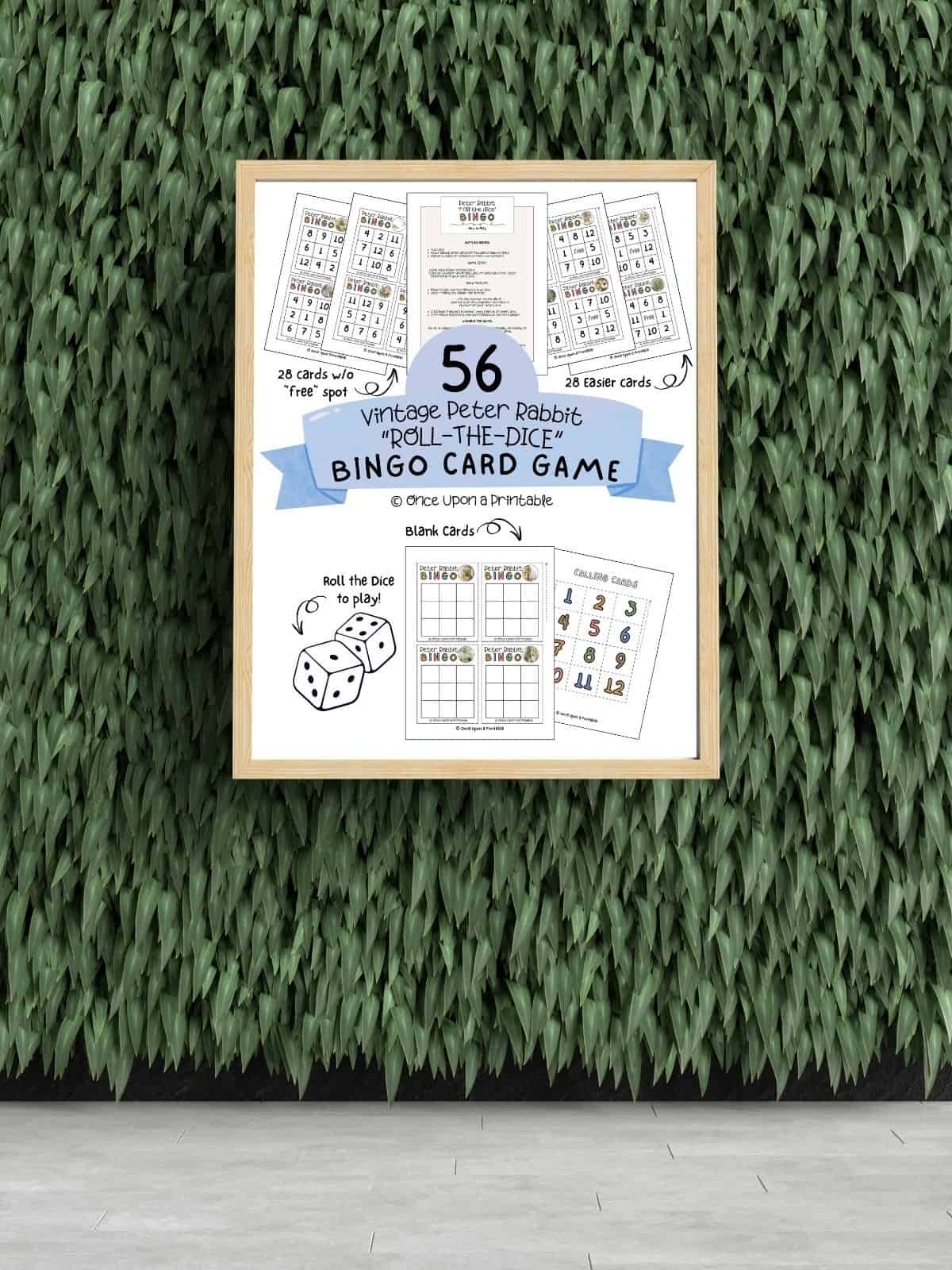 Peter Rabbit themed bingo card cover in a frame hanging on a grass wall.