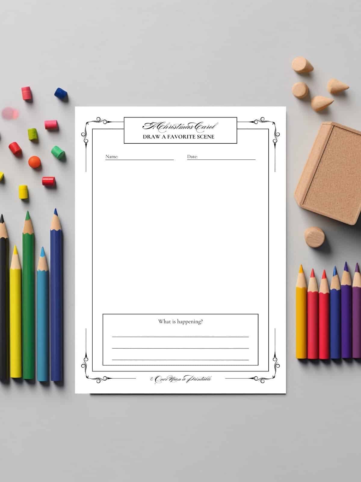 A draw a scene page for the christmas carol book by charles dickens with crayons and pencils.