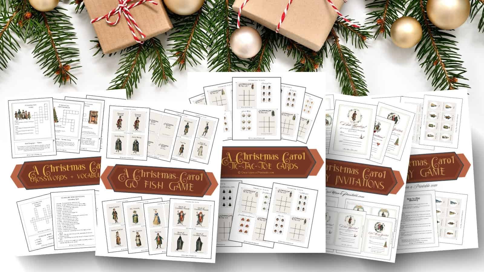 A Christmas Carol themed unit study with different illustrated printables laying on a white background with garland and brown paper packages.