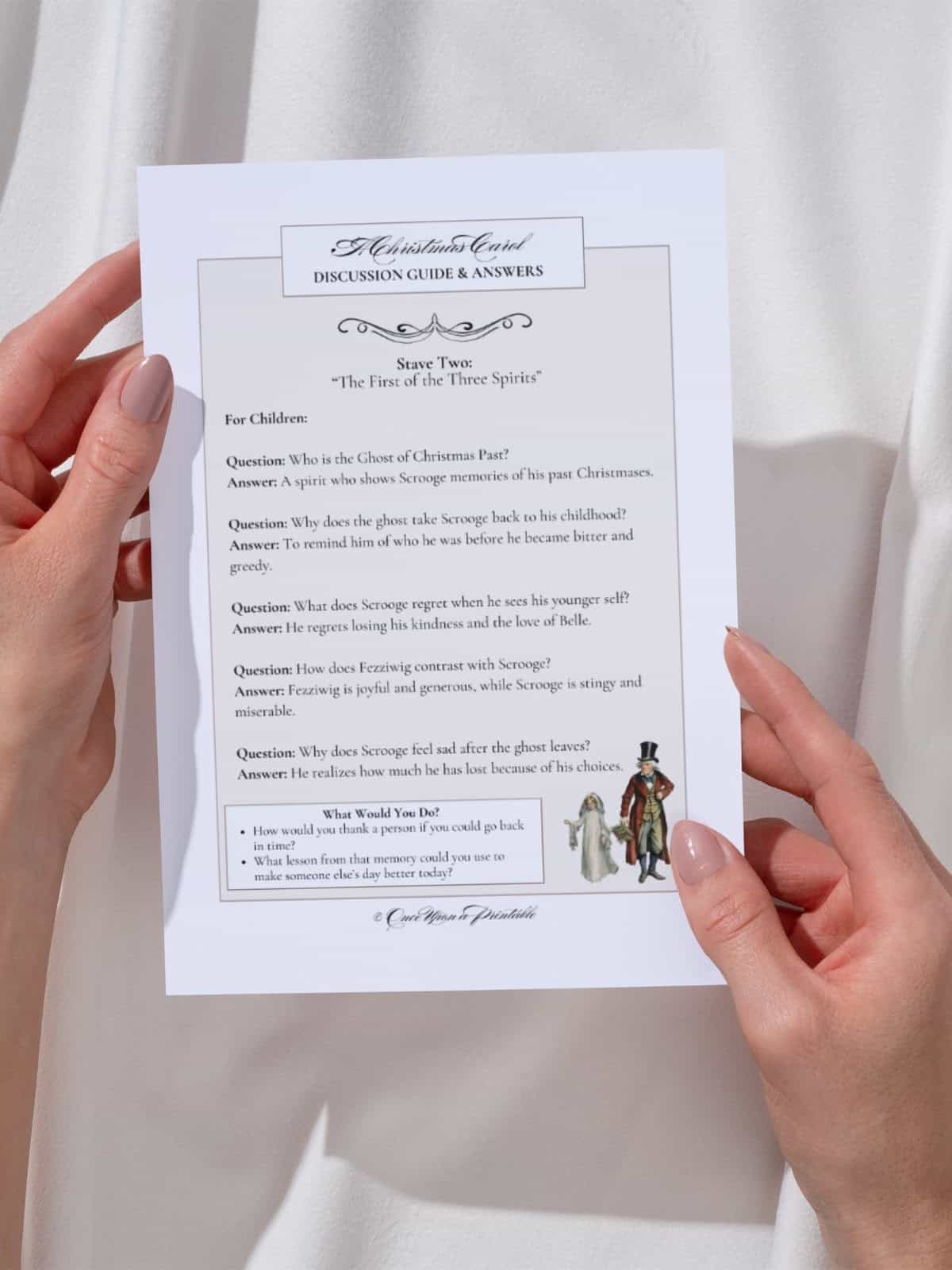 A Christmas Carol, stave two, discussion guide and answers held in a woman's hands.