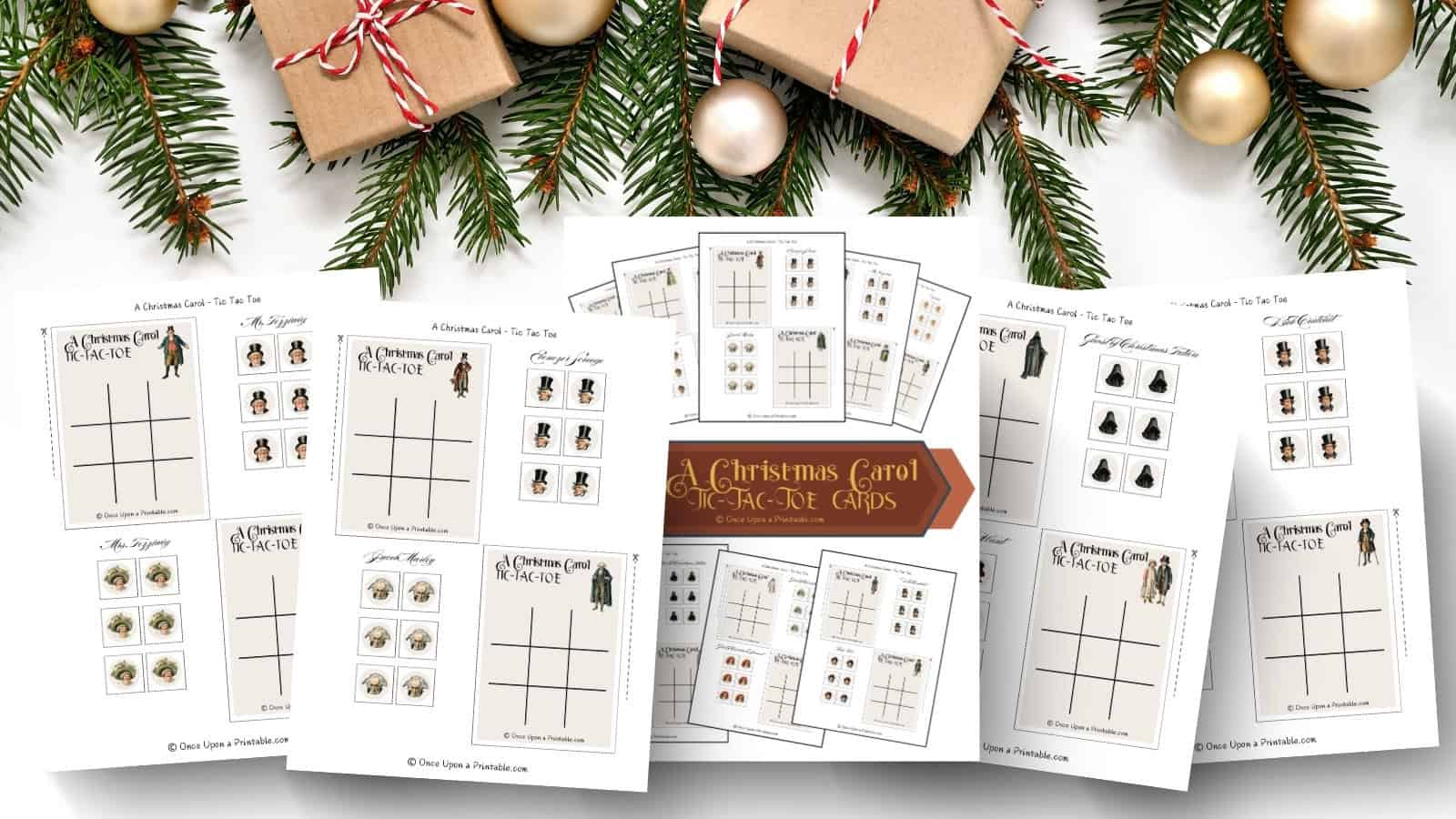 A christmas carol illustrated tic tac toe cards with character tokens printed and laying on a white background with garland and presents.