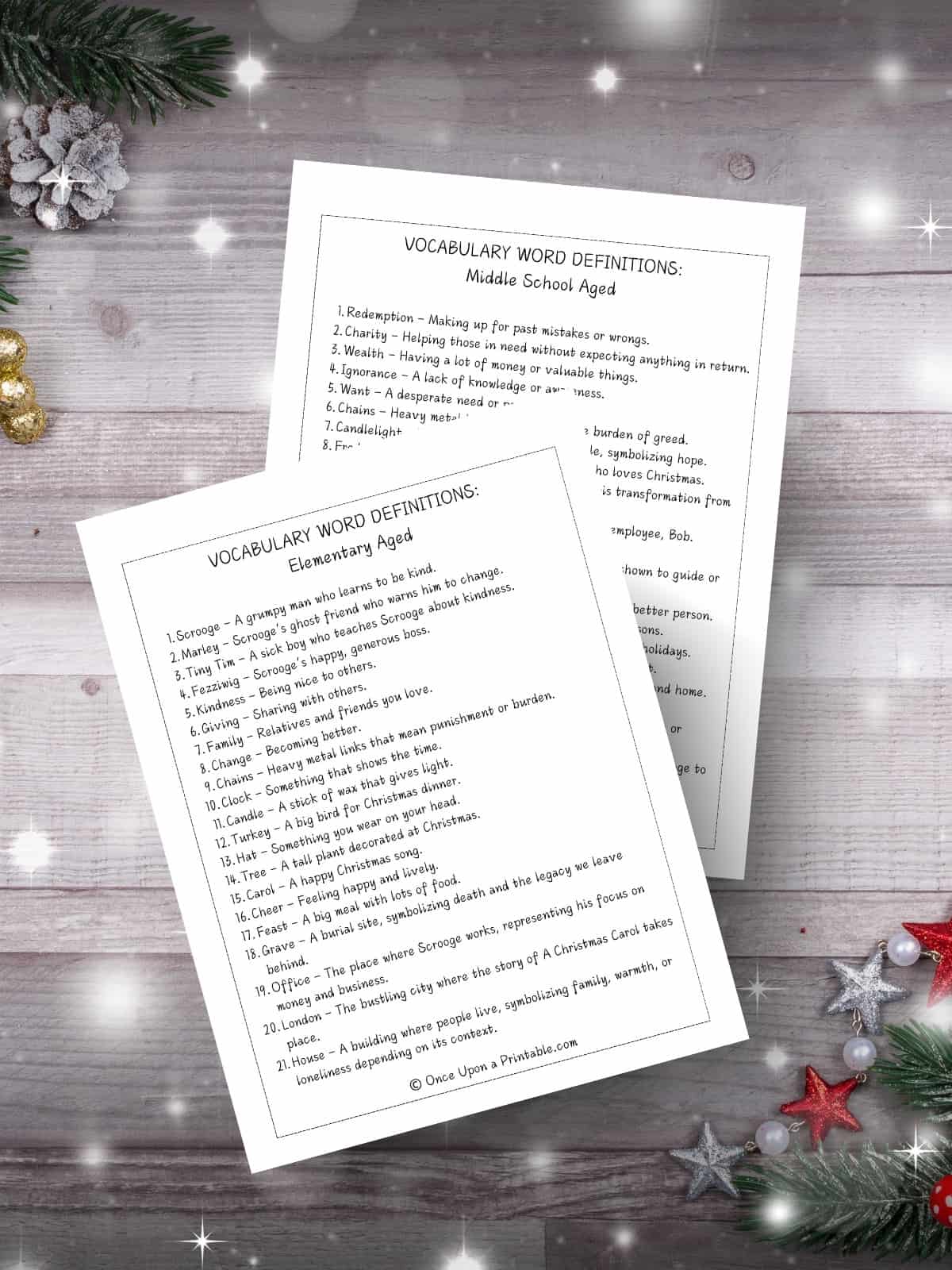 Easy and Medium vocabulary lists laying on a wooden background with berries and garlands.