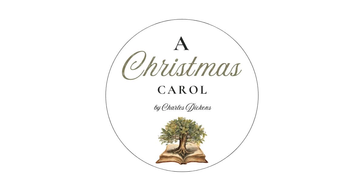 A christmas carol logo for Everyday Charlotte with an old book open with a tree growing out of it.