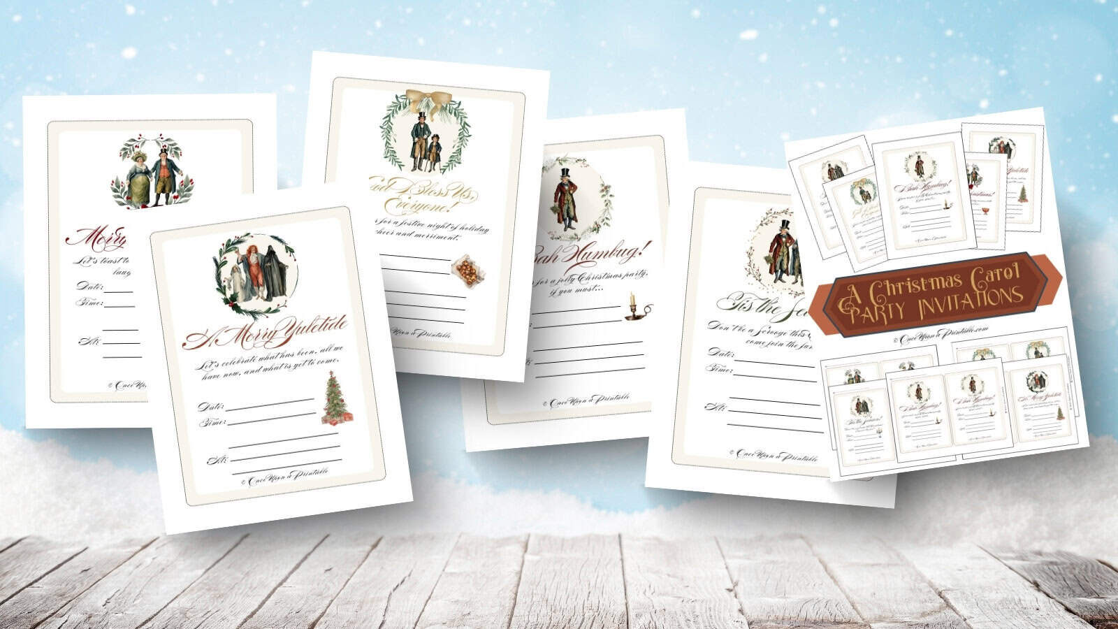 A Christmas Carol inspired christmas party invitations with original watercolor graphics. 