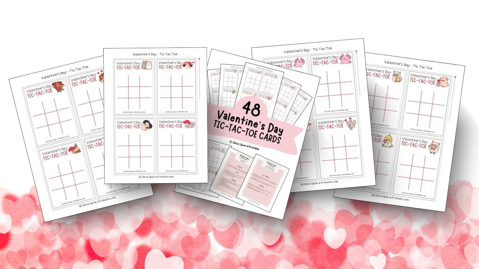 Kawaii graphic covered children's tic tac toe game cards on a heart filled background.
