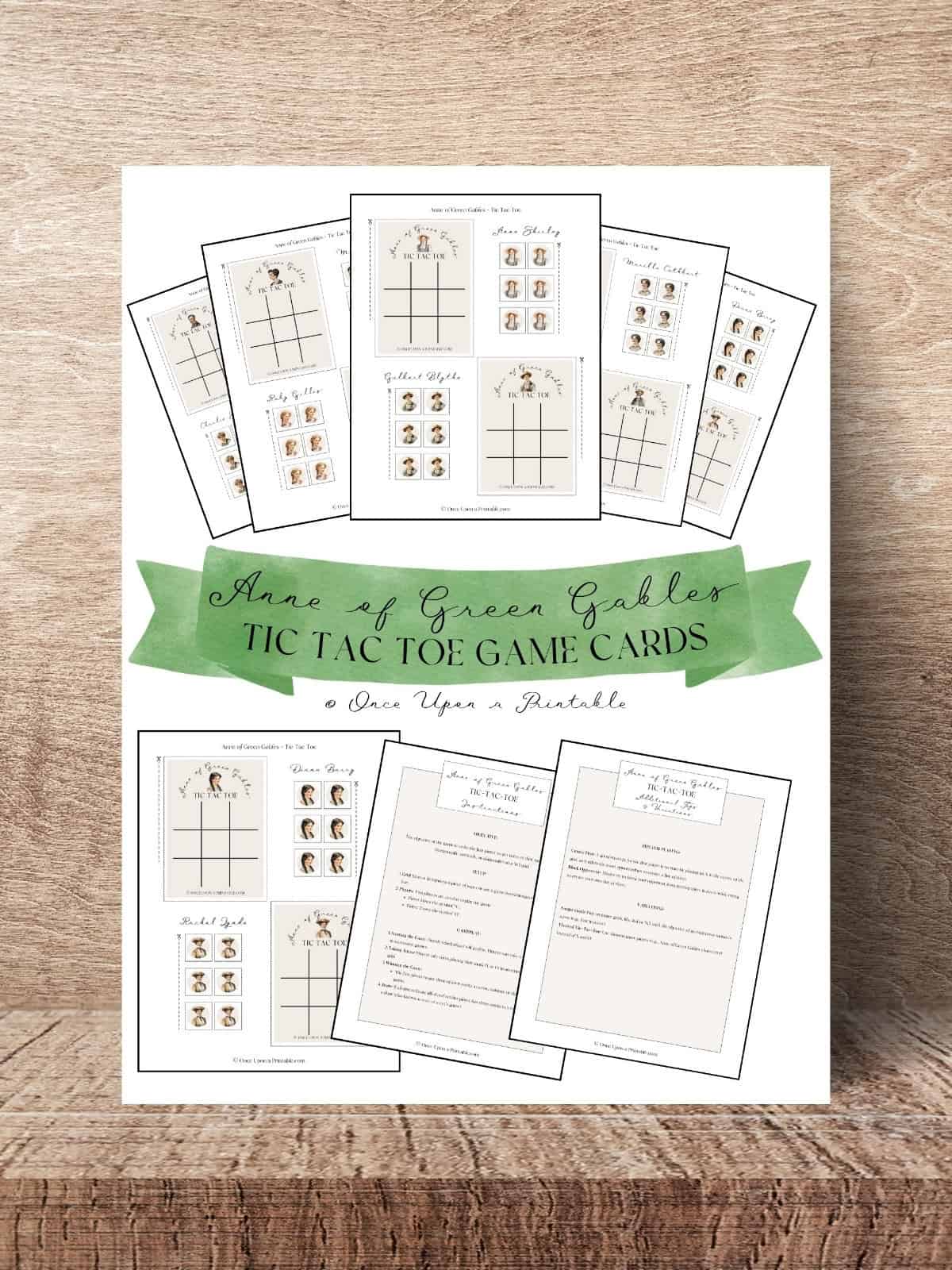Anne of Green Gables tic tac toe game cards cover page sitting on a wooden table.
