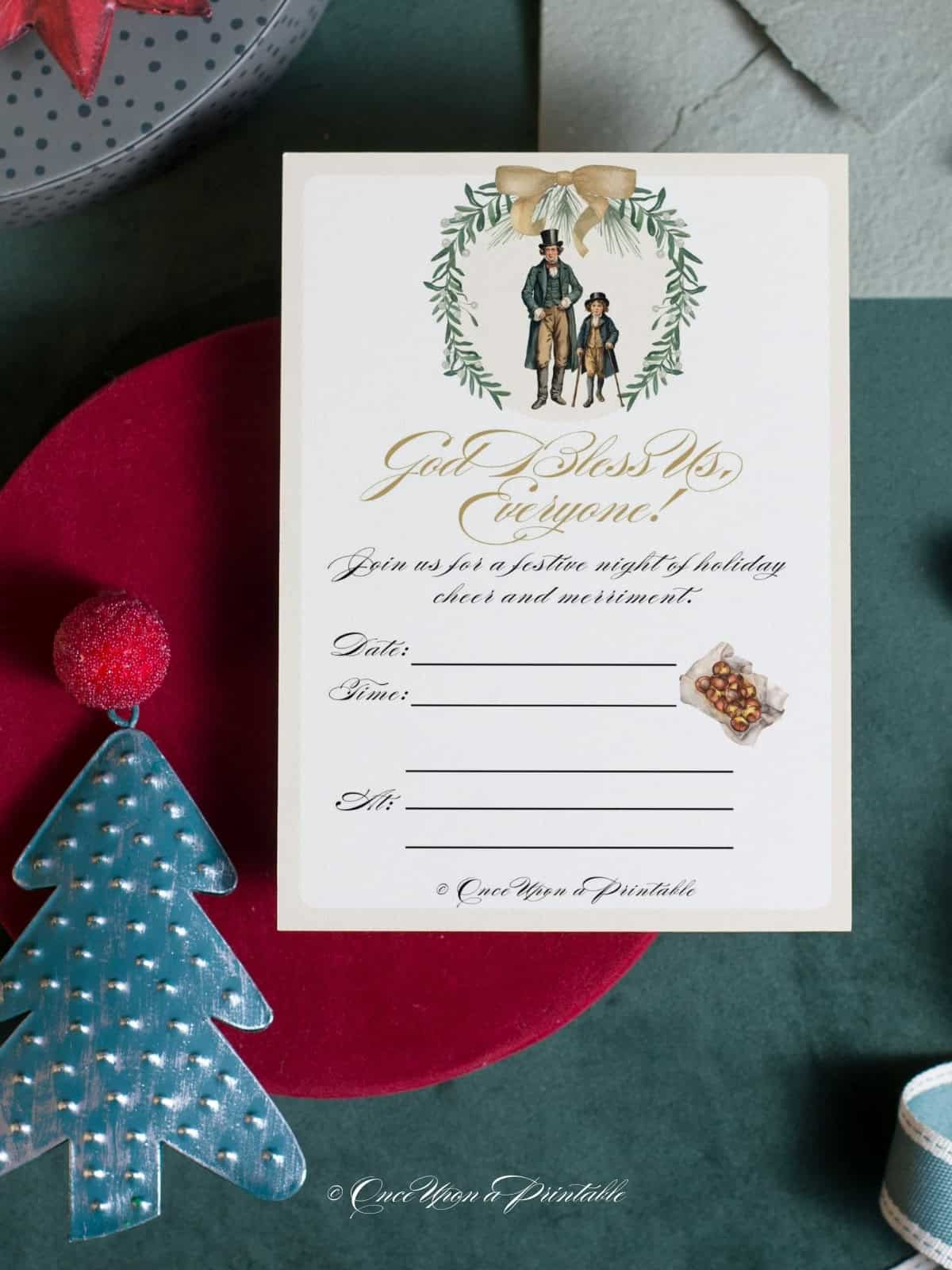 A christmas carol themed Christmas party invitation with bob cratchit and his son tiny tim.