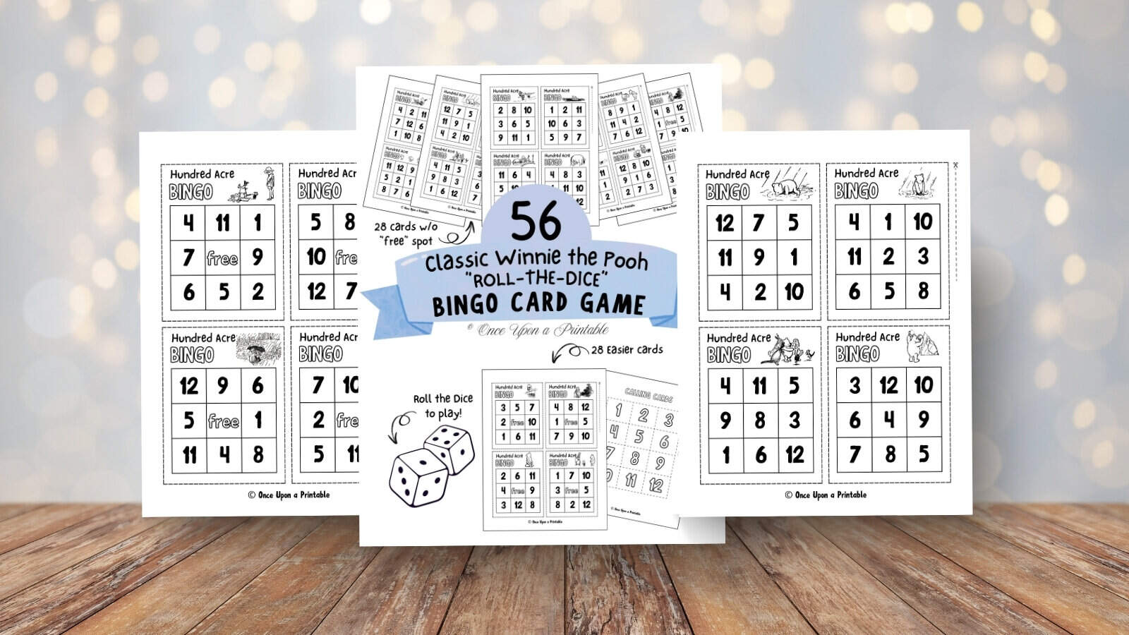 Classic Winnie the Pooh bingo coloring card game set displayed above a wooden table with twinkling lights in the background.