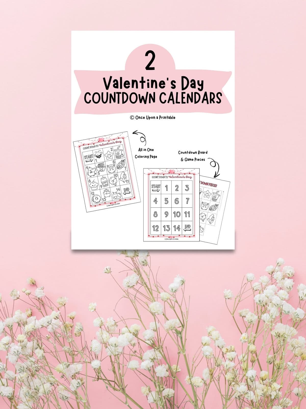 Coloring countdown calendar for Valentine's Day cover page on a pink background with baby's breath flowers.