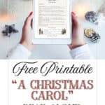 Charles Dickens' A Christmas Carol companion children's discussion guide and answers on a tablet held by a woman's hands.