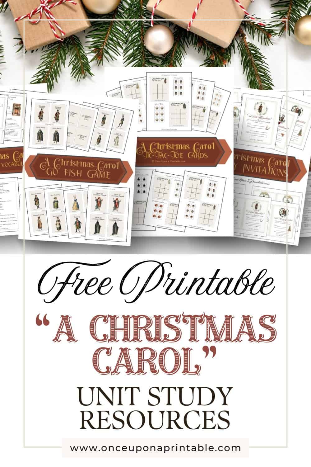 A Christmas Carol themed unit study with different illustrated printables laying on a white background with garland and brown paper packages.