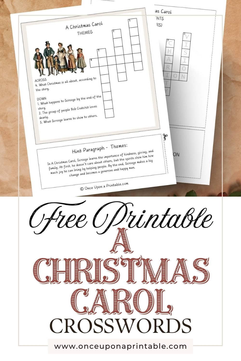 A Christmas Carol Crossword puzzles on a brown paper back with garland and berries.
