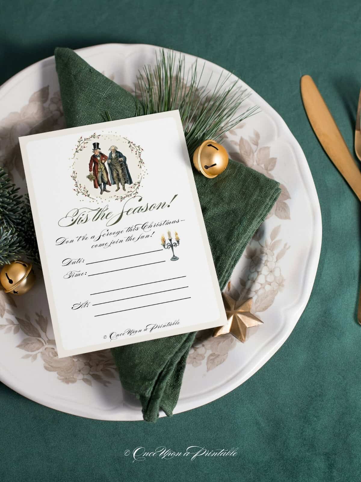 A Christmas Carol themed christmas party invitation with Ebenezer Scrooge and Jacob Marley.