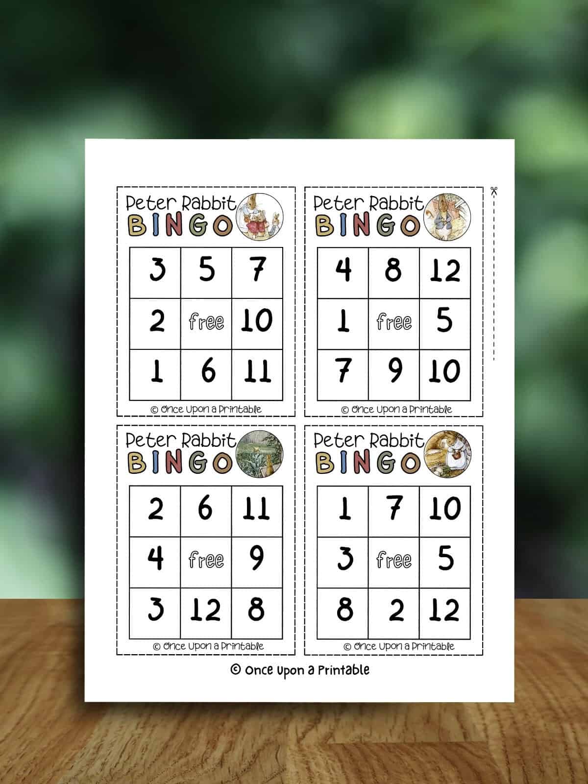 Peter Rabbit themed and illustrated bingo card laying on a wooden table with trees in the back blurred.