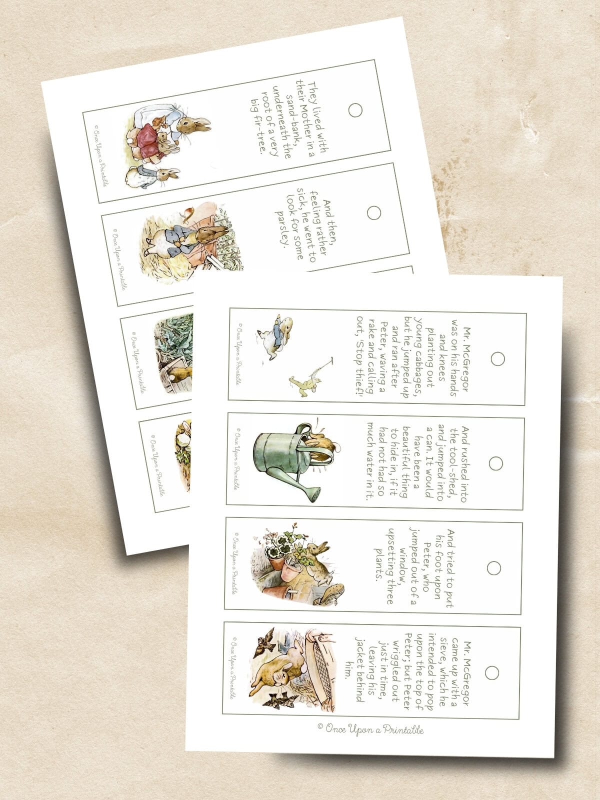 Story bookmarks with original illustrations of Peter Rabbit and friends.