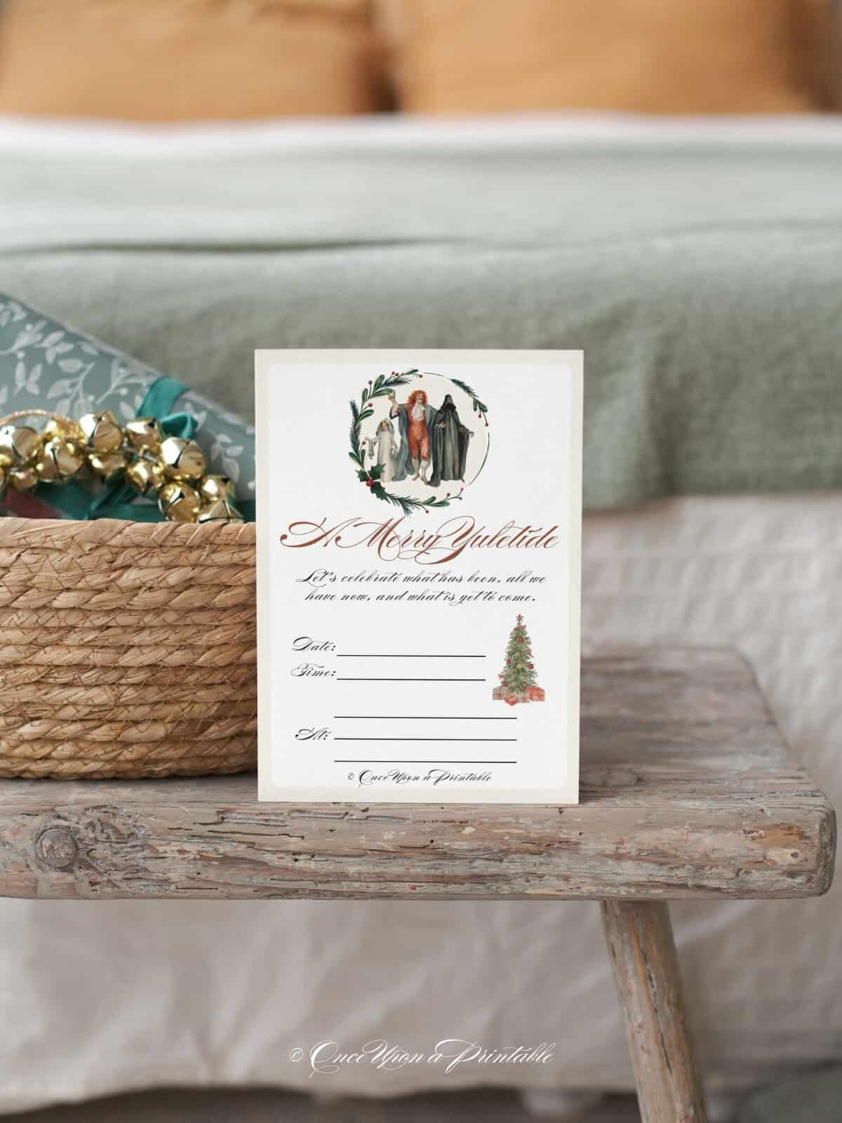 The Christmas party invitation that has graphics from A christmas carol. 