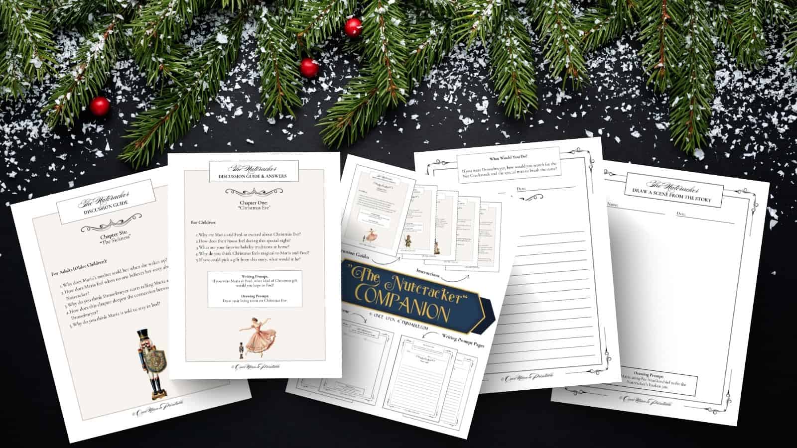 The Nutcracker companion discussion guide printed out on a dark background and garland and berries.