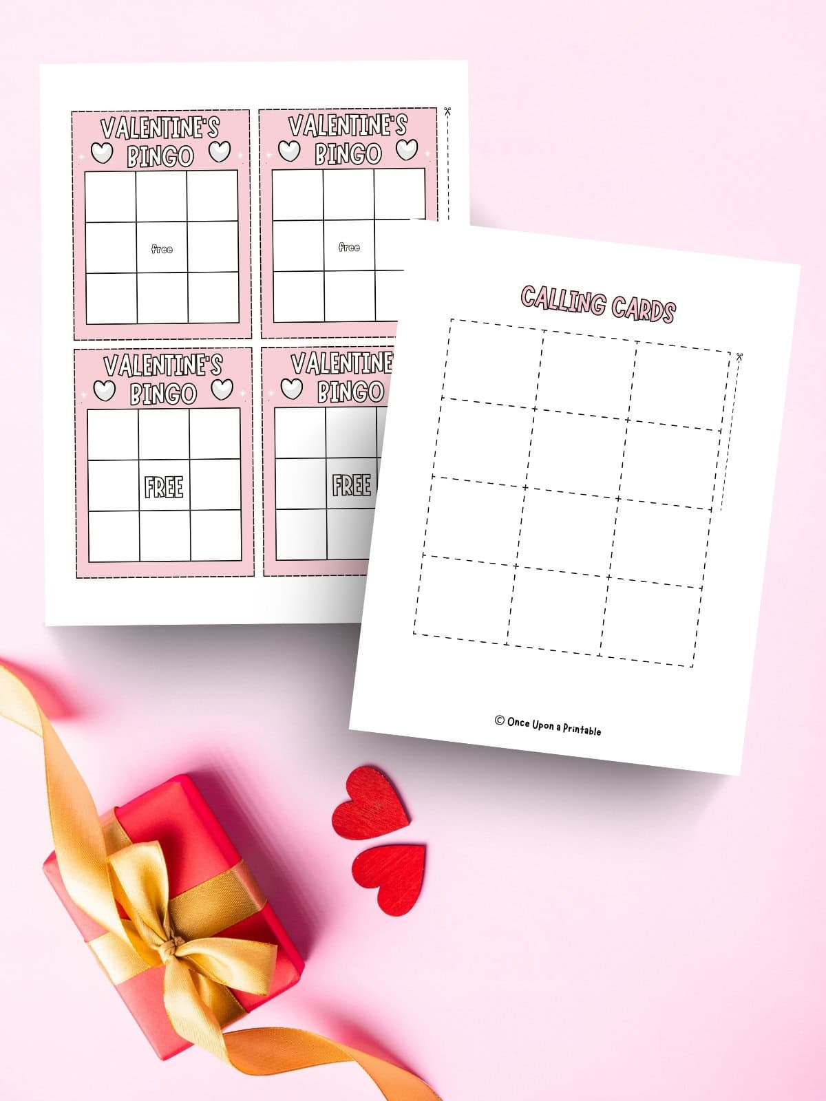 Valentine's Day blank bingo cards and calling card page for custom bingo card games.