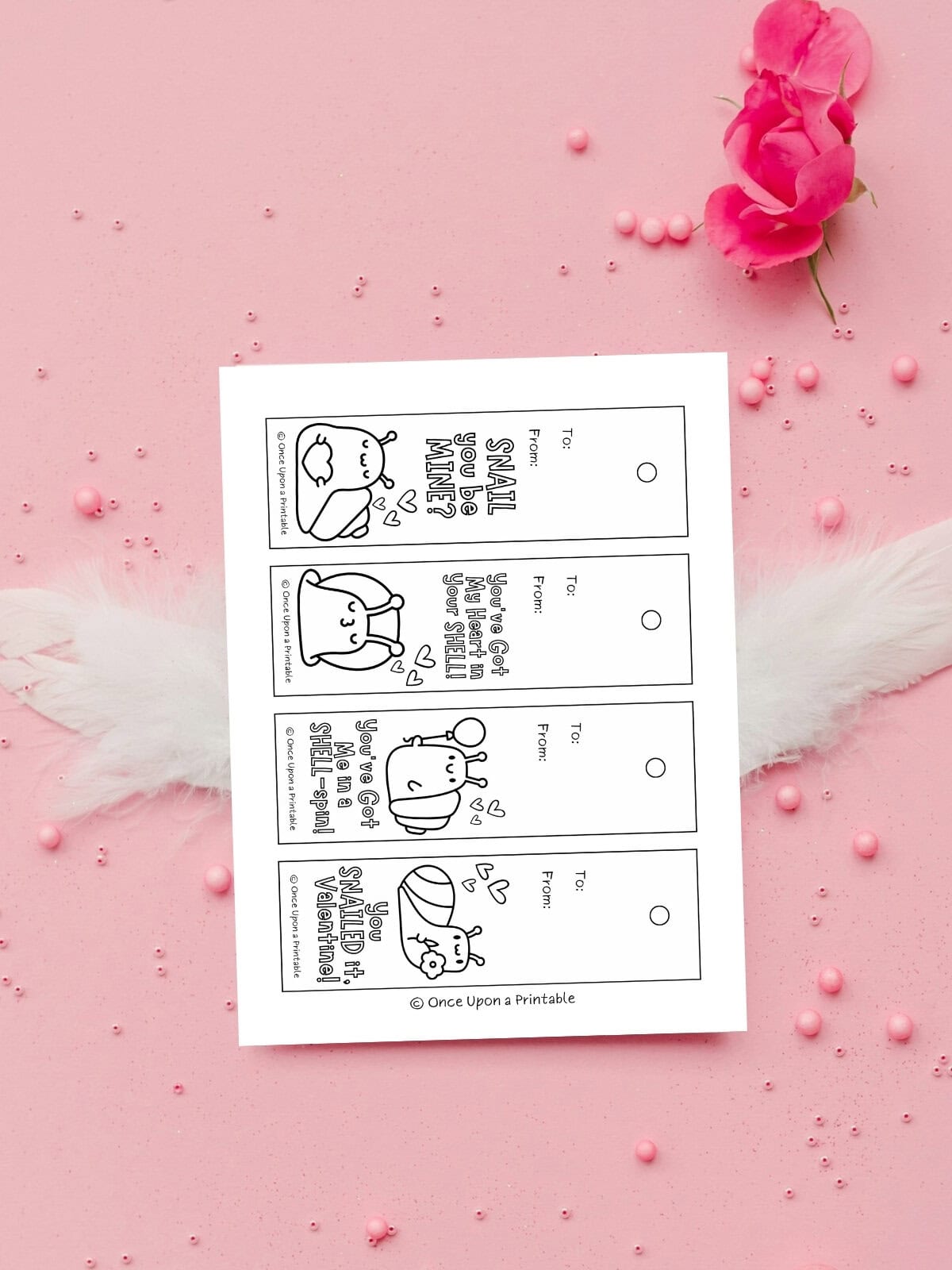 Valentine's Day bookmarks for coloring, on a pink background with feathers as wings.
