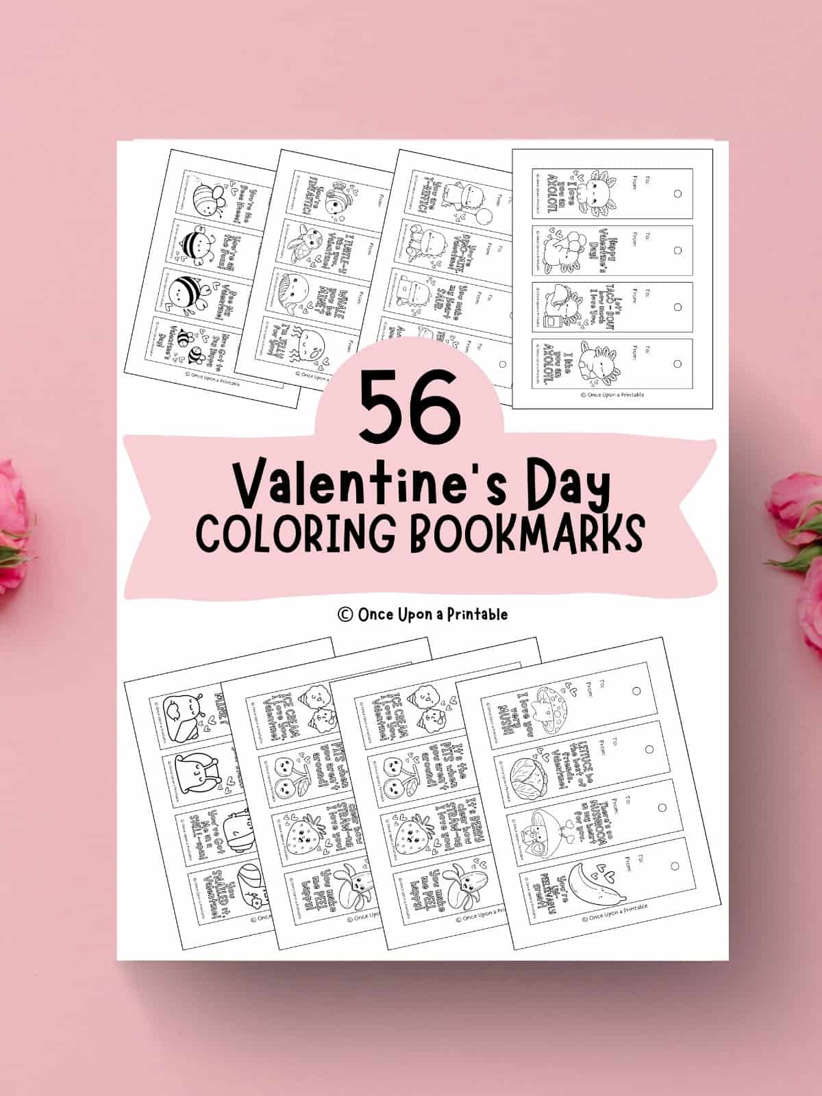 56 coloring bookmarks for Valentine's day laying on a pink background.