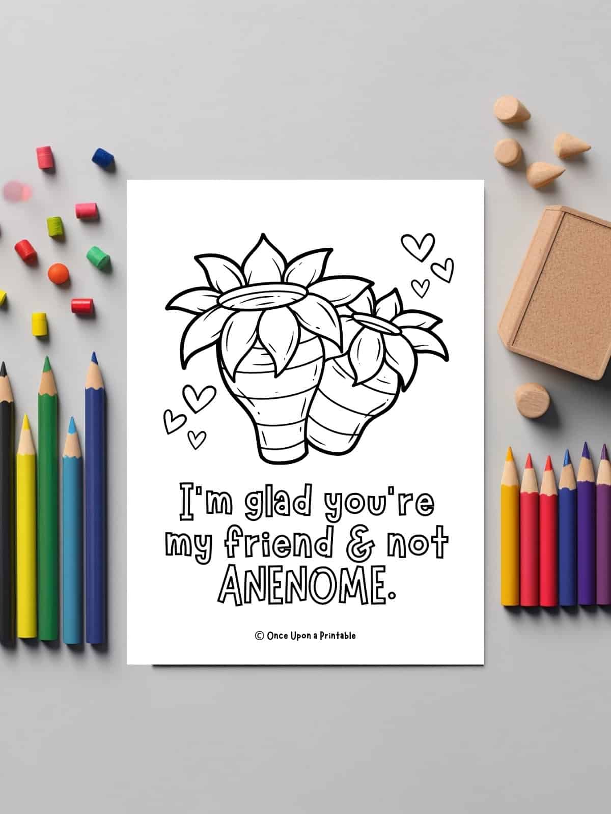 A Valentine's Day coloring page with an anenome on the front.