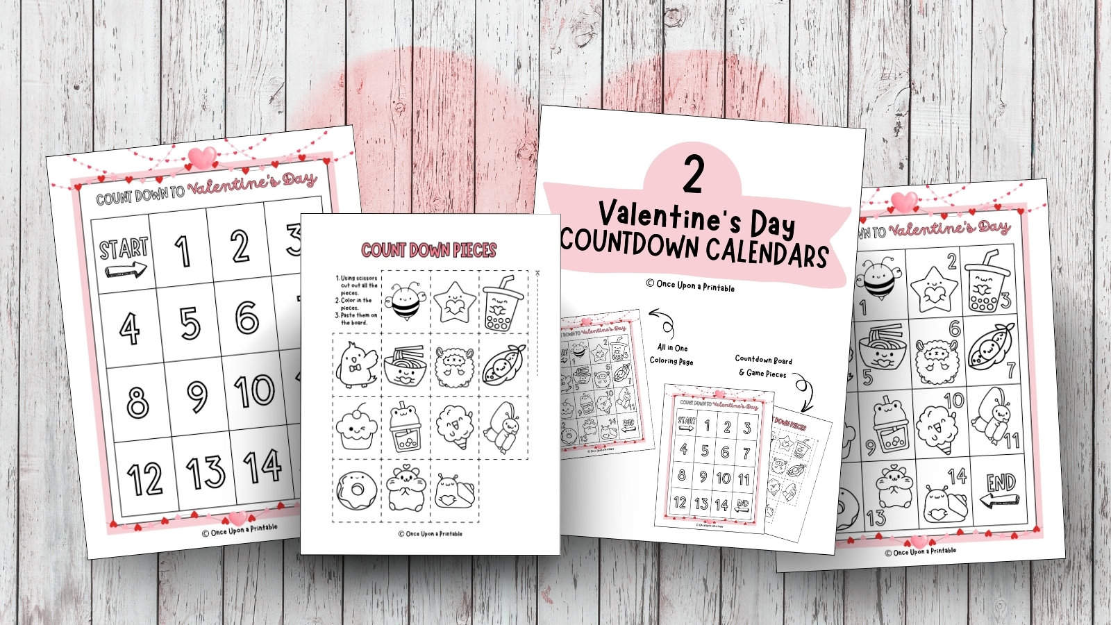 Valentine's day countdown calendars for coloring in with fun kawaii-style graphics laying on a wooden plank background with pink hearts. 