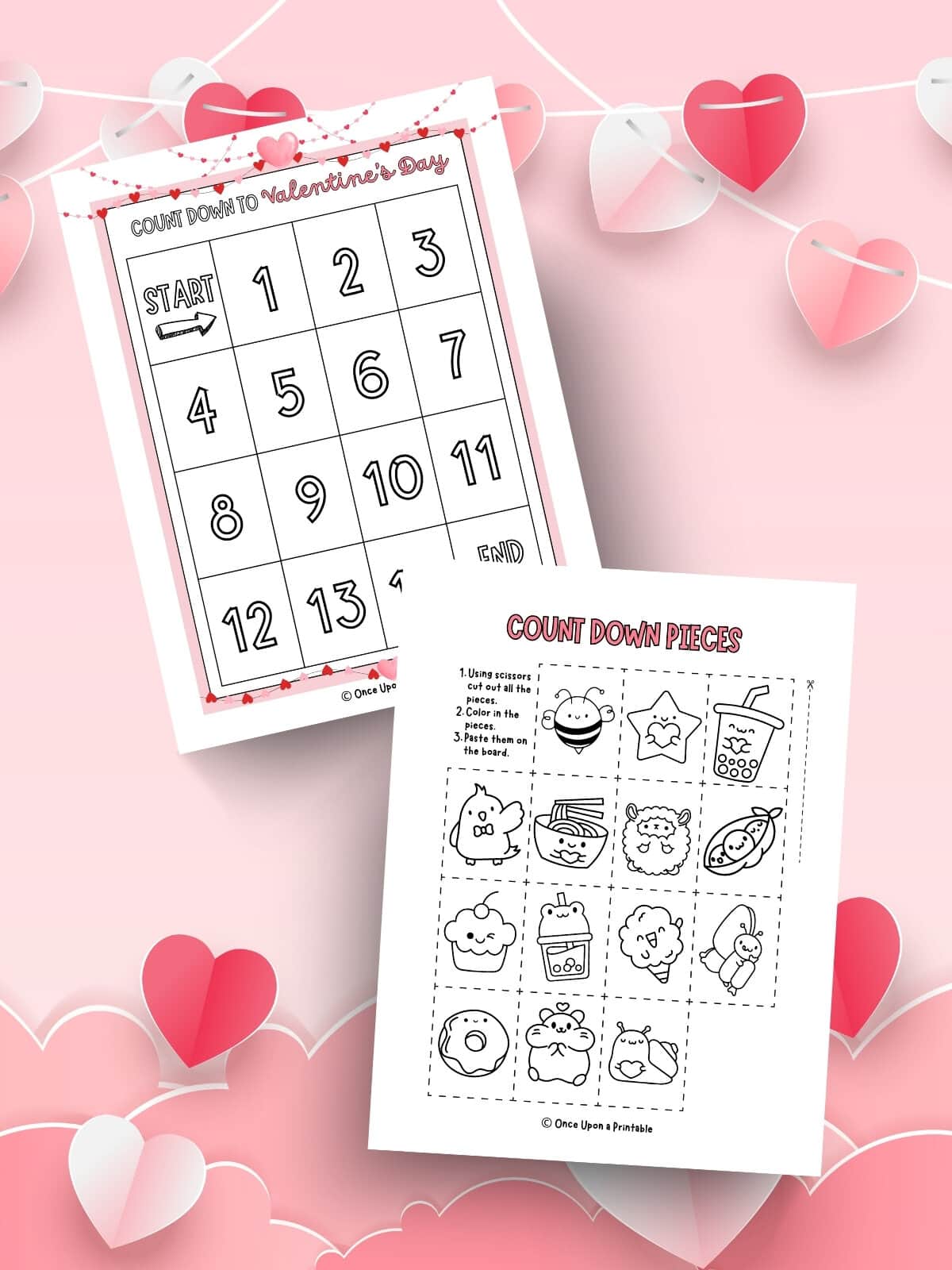 An interactive countdown calendar for Valentine's day with game pieces to color, cut, and paste onto the calendar.