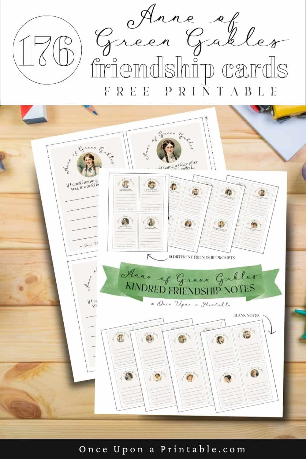 Friendship notes for kids with Anne of Green Gables inspired sayings and graphics.